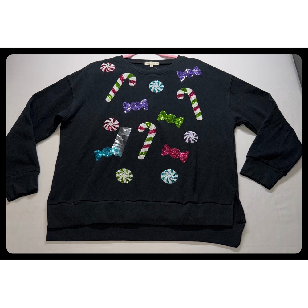Margaux & Lexi Sweatshirt Women L Black Candy Sequin Christmas Sweater